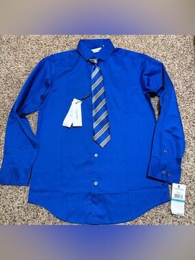 Calvin Klein Blue Button Down Shirt Adjustable Tie Boys Size 16 NWT